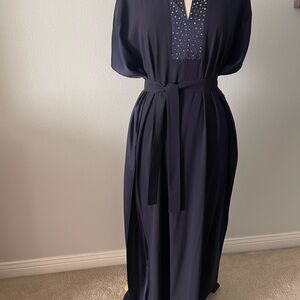 St. John Blue Pleated Tie Front Gown with Plunge Neckline